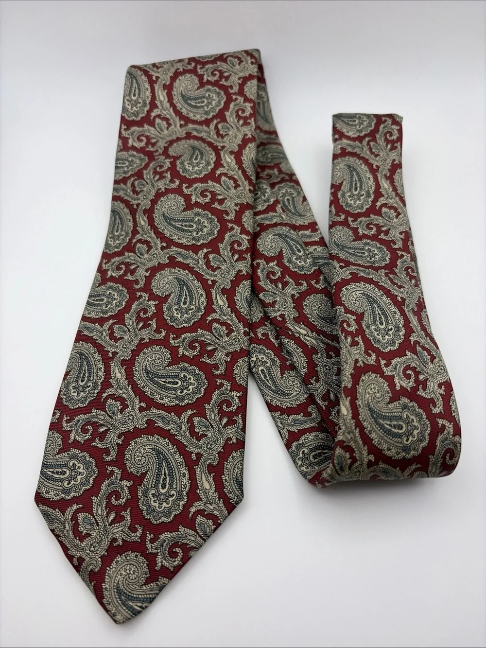Robert Talbott Burgundy Paisley Silk Tie with Cream and Gray Accents